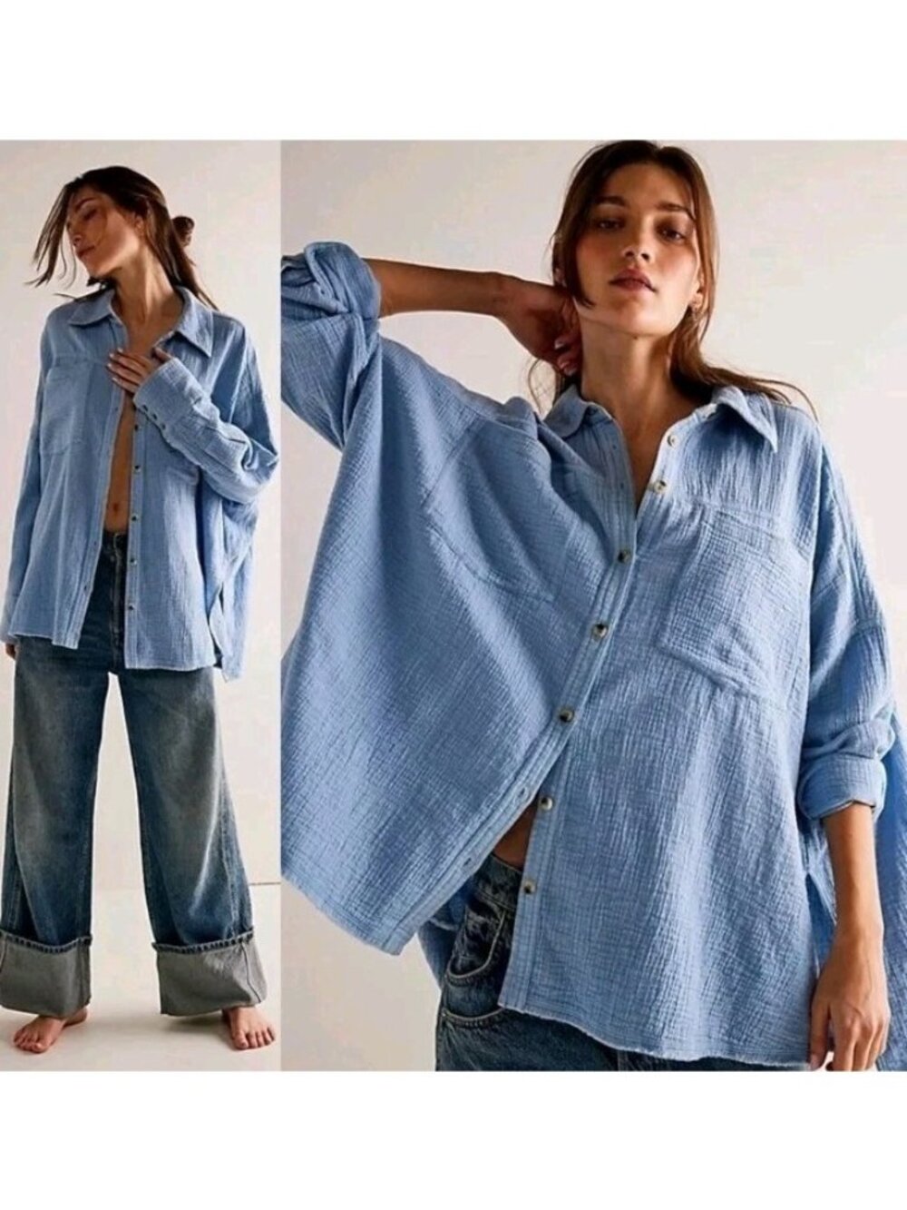 We The Free Cardiff Cotton Gauze Top Relaxed Fit Grunge Pockets Casual XS Blue